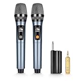 Meloace Rechargeable Wireless Microphone, Two Metal UHF Microphones with 1/4' Receiver, Plug-and-Play for Karaoke Singsing, Lecture, Stage Performance, PA System (Light Blue)