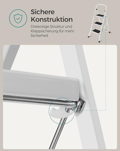 SONGMICS Trittleiter, Leiter mit 3 Stufen, Klapptritt, Klappsicherung, einfach zu verstauen, bis 150 kg belastbar, basisweiß GSL03WT