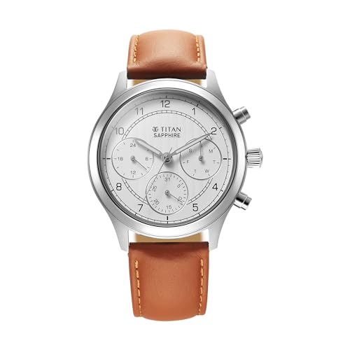 Image of Titan Sapphire Quartz Multifunction White Dial Brown Leather Strap Watch for Men - NT1874SL05