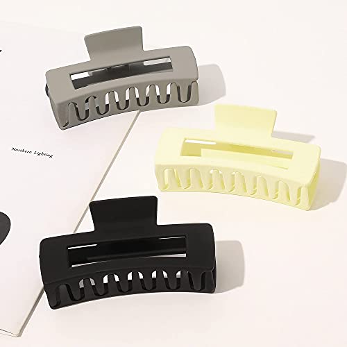 Hair Claw Clips for Women - Large Plastic Matte Jumbo Nonslip Claw Hair Clips Accessories for Girls Fashion Strong Hold French Rectangle Hair clips for Thick Long Curly Jaw Clips White Black Gray