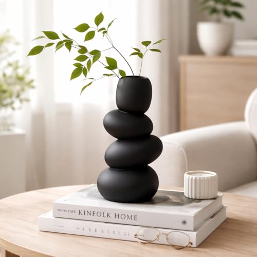 Image of Ceramic Pebble Vase, 9 inch Stacked Stone Design for Pampas Grass & Modern Home Decor, Unique Geometric Flower Vase Centerpiece (Black)