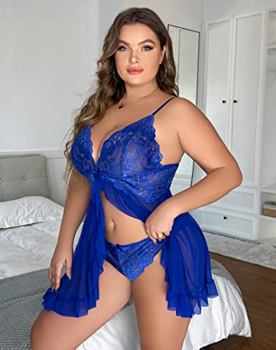 Plus Size Sexy Lingerie for Women Lace Babydoll Floral Mesh Ruffle Sheer Nightgown V Neck Chemise Sleepwear4