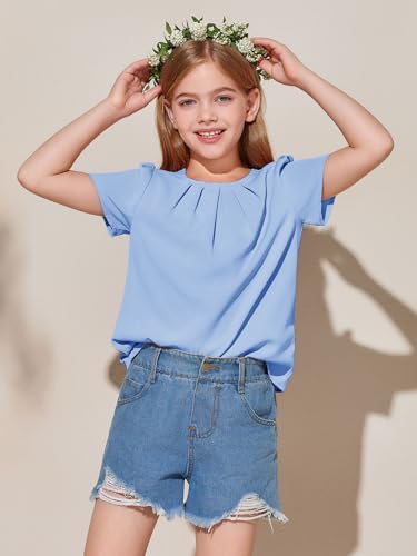 Image of Girls Shirts Summer Short Sleeve Cute Tops Chiffon Pleated Blouses 5-14 Years