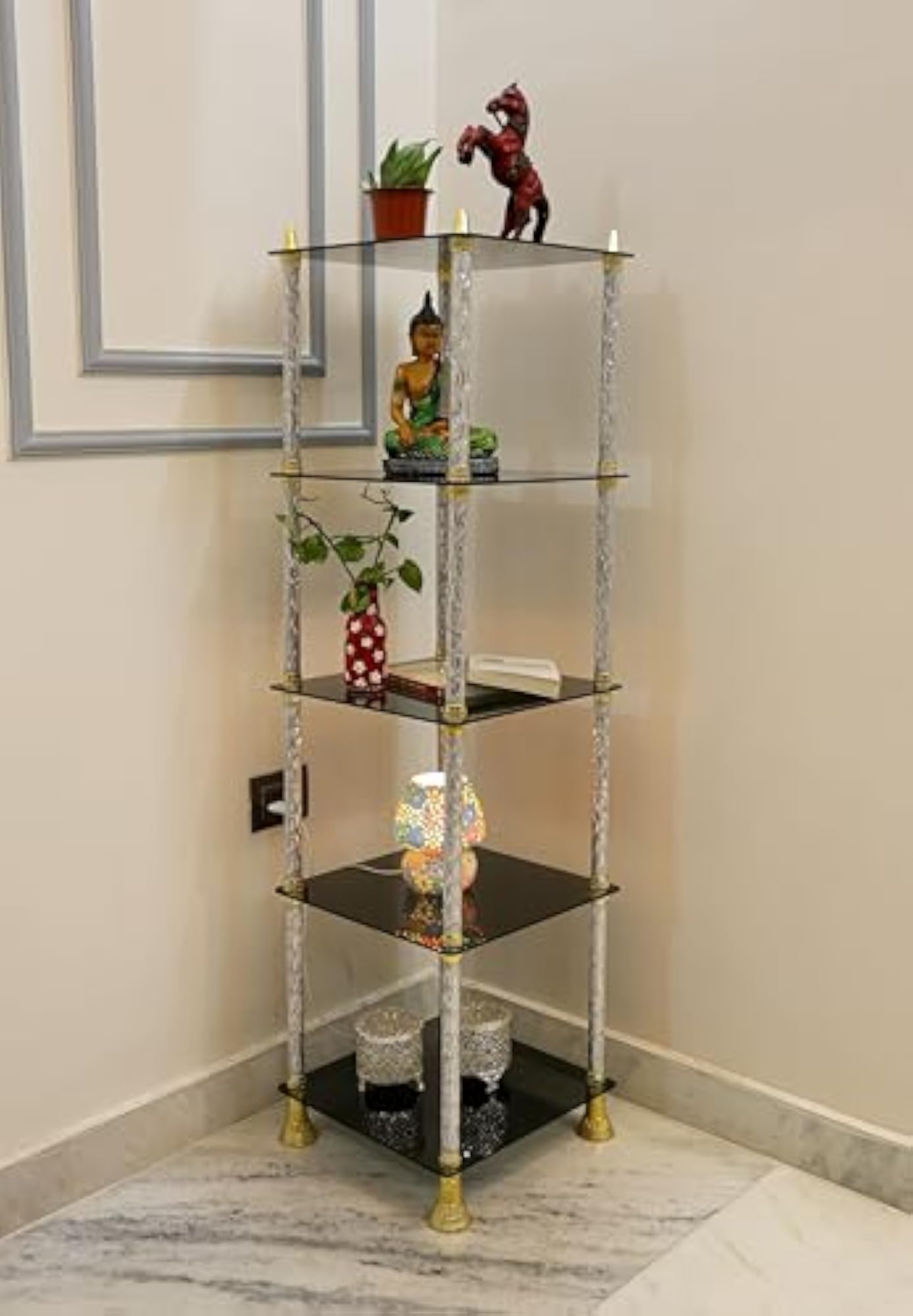 Glass Wooden Corner Shelf for Home Decor