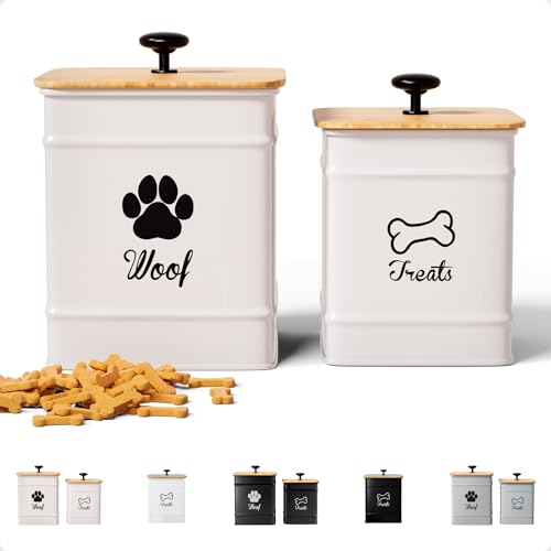 Dog Treat Container Airtight Set of 2 - 8x6 & 7x5 inch Iron Dog Treat Jars for Kitchen Counter with Airtight Bamboo Lids - 20 Cup Capacity Pet Treat Container Set - Doggie Cookie Jar - Treats Canister