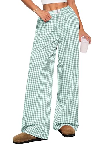 ANRABESS Womens Striped Gingham Pants 2025 Pajama Lounge Boxer Pants Cute Comfy PJ Bottoms with Pockets Fall Y2K Outfits Green White Plaid Medium