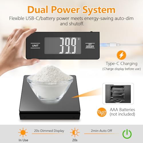 Image of Wireless Detachable Display Digital Food Scale, 11lb /5kg, Solid Black 1g Precise Weighing, Tare & Backlit LCD, 304 Stainless Steel Surface, Ideal for Coffee Brewing, Baking & Daily Meal prep