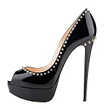  Onlymaker Damenschuhe High Heels Pumps Peep Toes Stiletto Plateau Fashion mit Nieten Schwarz EU36