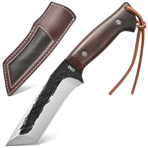 Gtkii GTK43 Fixed Blade Knife High Carbon Steel Hand Forged Blade Full Tang Rosewood Handle Fix Knifes for Camping Hunting Collection with Leather Sheath
