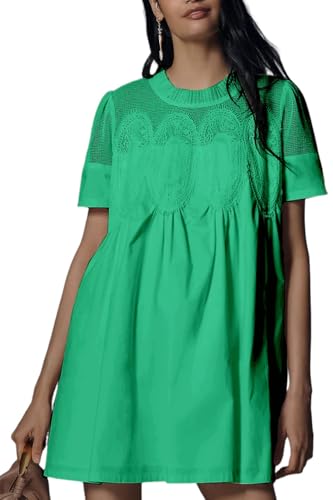 VAOYIU Women Crochet Lace Mini Dress Round Neck Short Sleeve Sheer Mesh Clothing Casual Outfits with Lace Back Design (Green-S)