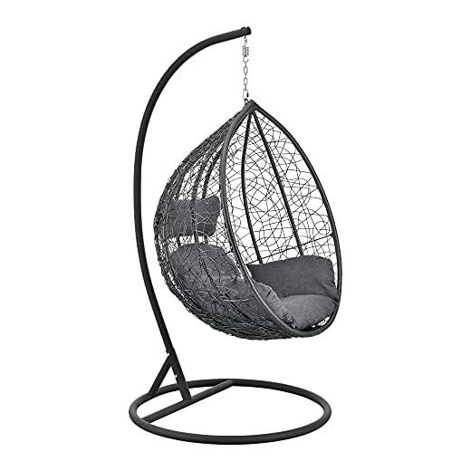 Hängstol med Stativ Hängande Ägg Gungstol Hammock Utomhusbruk Inomhusbruk Balkong med Dynor Kuddar Konstrotting Stål Max.150kg 195x105cm Svart Mörkgrå