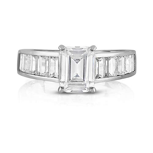Womens Silver Plated Emerald Cut Style Engagement Ring- Continuous Emerald Cut Stones Running Along the band Of the Ring2
