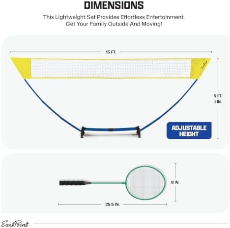 EastPoint Easy Setup Badminton Set - 15 ft Net, 4 Rackets, 2 Shuttlecocks - Quick Setup Net for Backyard Games - Steel Shaft Badminton Rackets for Family Games - Durable Shuttlecocks for Outdoors — view 3