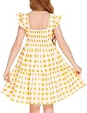 Flypigs Girls Flutter Sleeve Swing Dress Kids A-Line Plaid Party Dress with Elastic Back for Girls 1