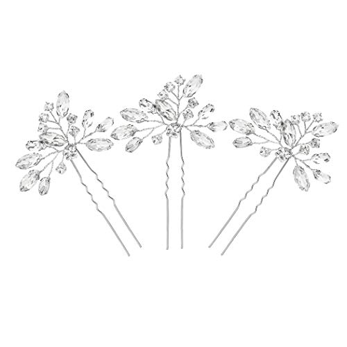 Yean Bride Wedding Hair Pins Crystal Bridal Hair Accessories for Women and Girls (Pack of 3) (Silver)