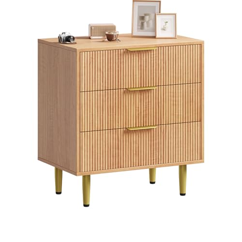 Garvee Cómoda de Madera Moderna con 3 cajones Acanalados - Gran Capacidad de Almacenamiento - Tiradores y Patas metálicas Doradas - Fácil Montaje para salón, Dormitorio o Entrada - Color Madera
