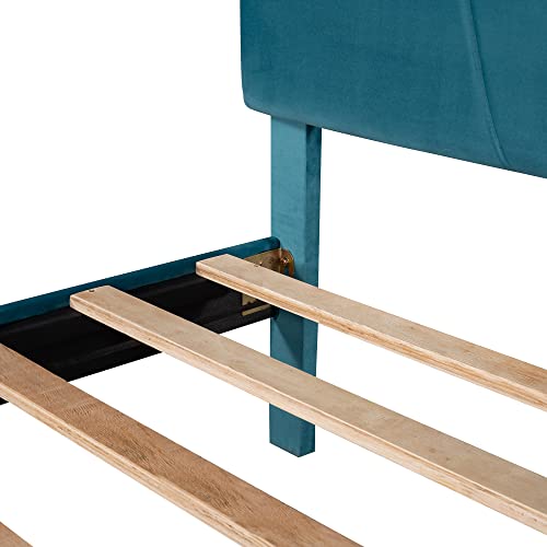 Queen Size Velvet Upholstered Platform Bed With Storage Drawer, Pine Wood Bed Frame Mattress Foundation No Box Spring Needed (Blue), Ckf-005 #TOP5