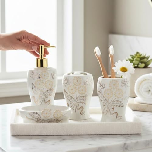 Image of Kookee Ceramic Bathroom Accessories Set of 4 | Soap Dispenser, Toothbrush Holder & Soap Dish | Modern Luxury Bath Essentials for Home - White & Gold (12247)