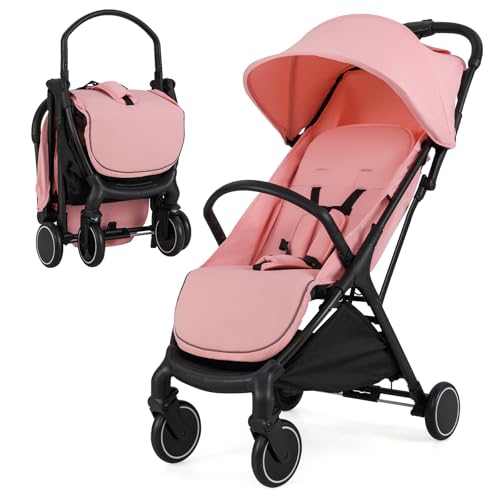 GOPLUS Cochecito Plegable para Niños, Cochecito con Respaldo Reclinado, Diseño Portátil y Compacto, con Estructura Metálica y Freno de Pie, para Niños Pequeños de 0-3 Años (Rosa)