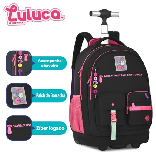 Kit Mochila Luluca com Rodinhas, 4 Peças, Preta e Rosa, com Lancheira, Estojo e Garrafa