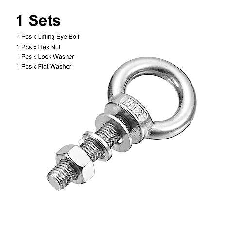 Image of uxcell Lifting Eye Bolt, 1 Set M12x50mm Eye Bolt with Nut Washer 304 Stainless Steel Shoulder Lifting Ring Eye Bolt for Hanging Item