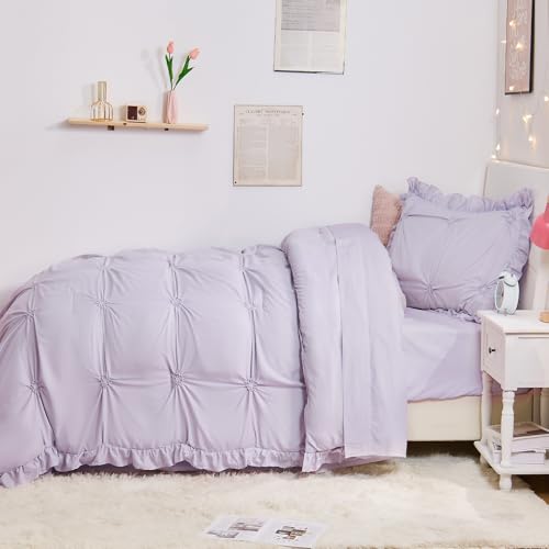 Image of Twin Comforter Set for Girls, Boho Pintuck Bedding Comforter Sets, 4 Pieces Ruffles Jacquard Embroidery Twin Bedding Sets with Comforter, Fitted Sheet, Flat Sheet and Pillowcase, Purple