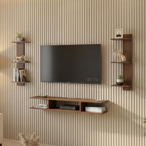 Image of Fynn Mini Wall Mount TV Unit for 42 Inch TV, Entertainment Unit Set Top Box Stand with Shelves for Books & Decor Display, Space Saving TV Panel for Living Room, DIY (Classic Brown)
