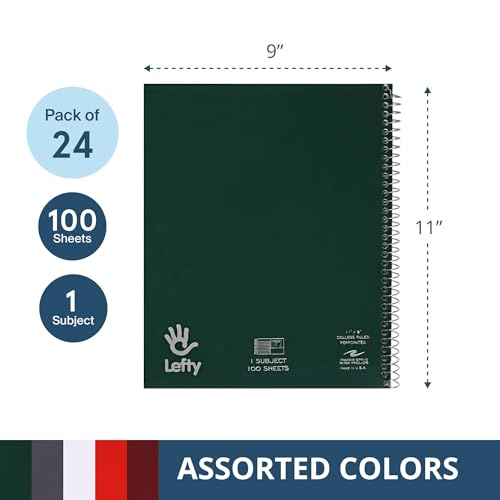 Image of ROARING SPRING Stasher Left Handed Notebook, 1 Subject, 11x9, 24 Pack | Lefty 1 Subject Notebook, College Ruled, 100 Sheets, Perforated Pages, 3 Hole Punched, Cover Storage Pocket, Made in USA