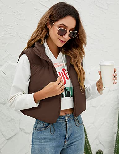 Akewei Womens Winter Sleeveless Jacket Coat Basic Crop Vest Stand Collar Waistcoat Zipper Coat Outerwear With Pockets (Brown,Xs) #TOP2
