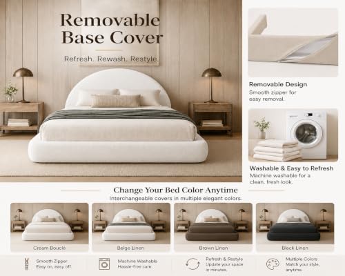 Image of Paros Queen Base NEW ONLY - Includes Fabric + Foam Inserts - Each Piece Sold Separately - Removable Washable Soft Upholstered Air Frame Half Moon Round Cloud Bed - Black Linen Premium