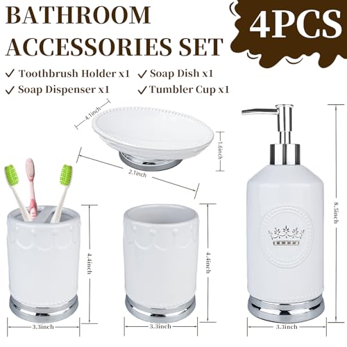 Bathroom Accessory Set, 4 Pcs Ceramic Sets with Crown Motif, Toothbrush Holder, Soap Dispenser, Soap Dish, Tumbler Cup, Modern Bathroom Sink Set Vanity Countertop Decor, White and Silver