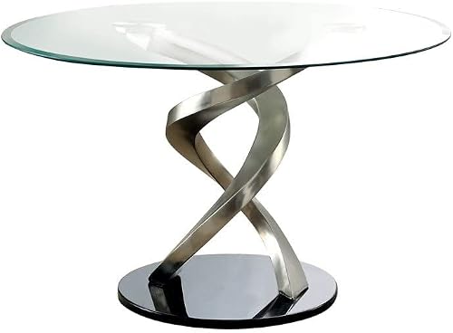 BOWERY HILL 48" Round Glass Top Modern Pedestal Base Dining Table in Chrome Satin