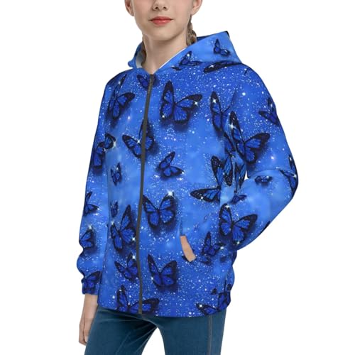 Sparkling Blue Butterfly Kids Pullover Hoodies Boys Zip Up Sweatshirts Girls Athletic Clothes with Pocket
