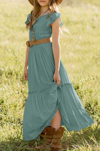 Image of MITILLY Girls Lace Flower Wedding Guest Long Maxi Dress for 6-12 Years | Girls Boho Dress, Girls' Special Occasion Dresses, Wedding Party, Size 6-12 Years, Ruffle Sleeve, A Line, With Pockets
