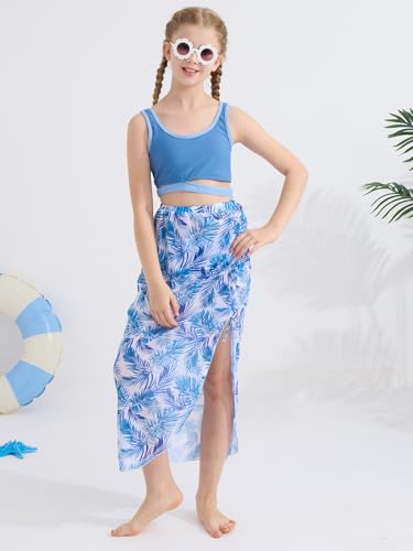 Image of URMAGIC Girls Swimsuit Bikini Set 3 Piece Bathing Suit Tropical Floral Swimwear with Cover Up Skirt 9-16Y