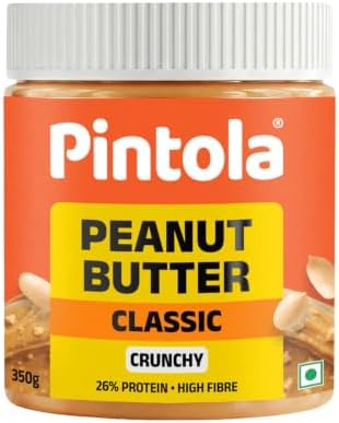 Pintola Classic Peanut Butter Crunchy 350g - Original American Recipe with High Protein 26g & 7.2g Fiber, Premium Roasted Nuts, Gluten Free, Zero Trans Fat, with MUFA Good Fats, Vit E & B3, Dairy Free