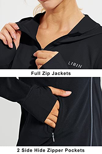 Libin Women's Full Zip Upf 50+ Sun Protection Hoodie Jacket Long Sleeve Sun Shirt Hiking Outdoor Performance With Pockets Black Xl #TOP2