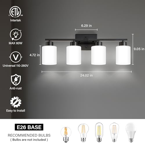 Image of FonmYim Black Bathroom Light Fixtures, 4-Light Modern Vanity Light Over Mirror, Wall Sconces with Milky White Frosted Glass Shades, E26 Socket (Bulbs Not Included)