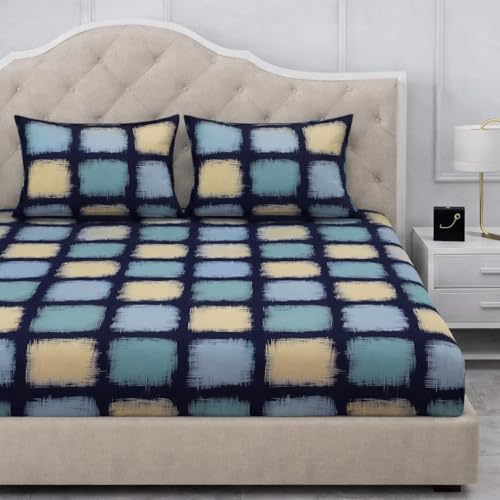 Image of 300 TC Cotton Feel Glace Cotton Elastic Fitted Bedsheet for King Size Double Bed | Fits up to 8 Inch Mattress | Printed Bedsheet with 2 Pillow Covers (Navy Blue, Queen Size - 60 inchx78 inch)
