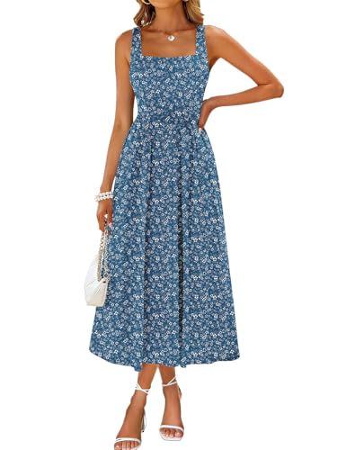 Image of Sureple Midi Dresses for Women 2026 Spring Square Neck Tank Sleeveless A Line Casual Summer Sundresses with Pockets