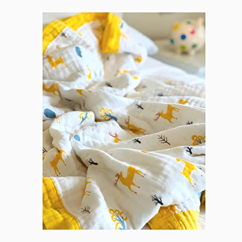 Lopalu Large Twin Size 60"X 86" (150Cmx220Cm) 4-Layer Muslin Blanket For Toddlers/Kids - Super Soft 100% Cotton Premium Material - Breathable Lightweight For All Seasons - Yellow Color Cute Deer #TOP2
