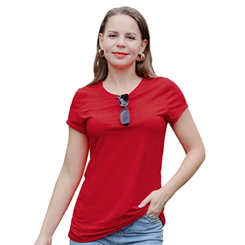 Basic Simple Round Neck T-Shirt For Women, Short Sleeve Under Shirt Ladies Tshirt, Soft Cotton Tee Tops Undershirt, Plain Red Large #TOP12