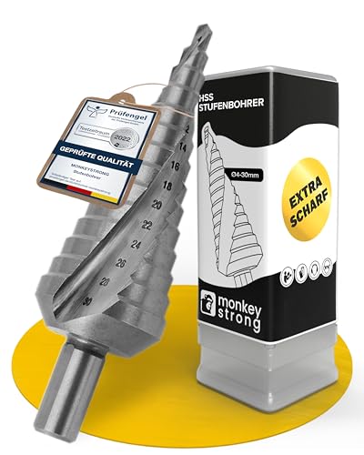 Stufenbohrer [Ø 4-30 mm | extra scharf] aus HSS Stahl | Kegelbohrer mit 14 Stufen | Schälbohrer für Baustahl, NE Metall, Holz und Kunststoff | Metallbohrer - von monkeystrong