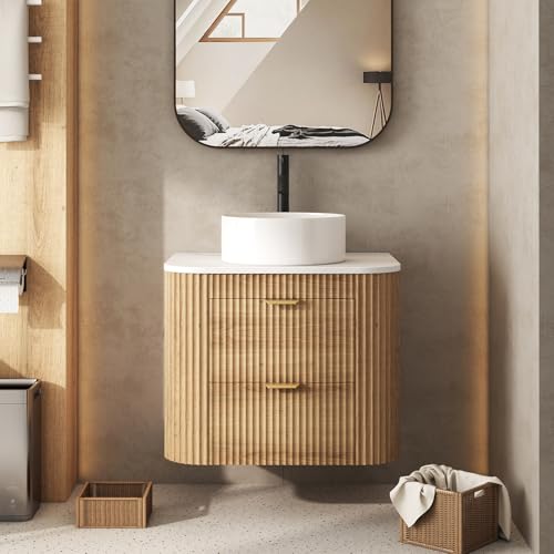 24 Inch Bathroom Vanity with Sink Floating Vanity with Ceramic Sink Combo Fluted Bathroom Vanity with 2 Storage Drawers Modern Wall Mounted Cabinet Marble Look Wooden Tabletop Natural Wood Grain