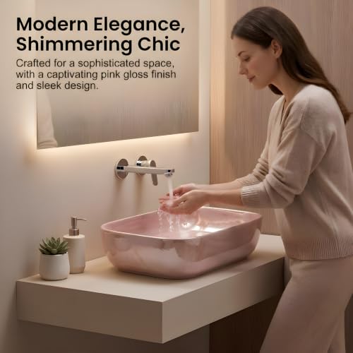 Image of VENICE Bathroom Vanity Sink Countertop Stylish & Durable Ceramic Tabletop Wash Basin Rectangular Vessel Bowl Metallic Pink Glossy Finish
