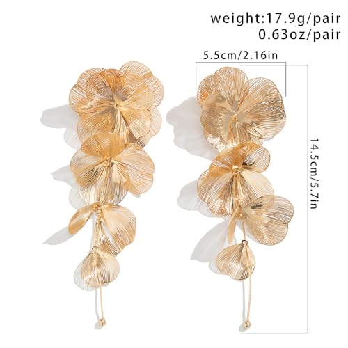 Gold Large Flower Earrings for Women Dangling Chunky Big Long Floral Dangle Statement Earring Trendy Layered Filigree Petal Earring Unique Weird Jewelry3