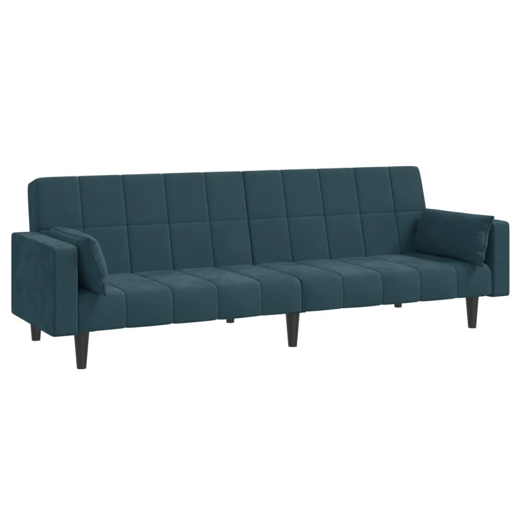 Sofá cama de 2 plazas de terciopelo azul, 220 x 84,5 x 69 cm, sofá moderno plegable con función de reclinación y 2 cojines, cómodo y resistente marco de madera para salón, habitación juvenil