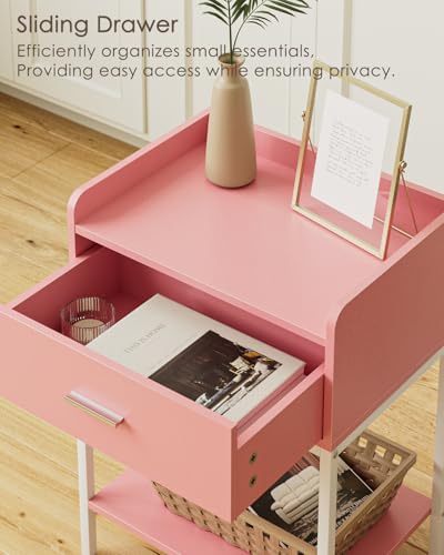 Image of Masupu Nightstand,Bedside Table 3-Tier Modern Night Stand with Storage Drawer and Shelf,Small End Side Table for Bedroom,Living Room,Black (Without Outlet, Pink)
