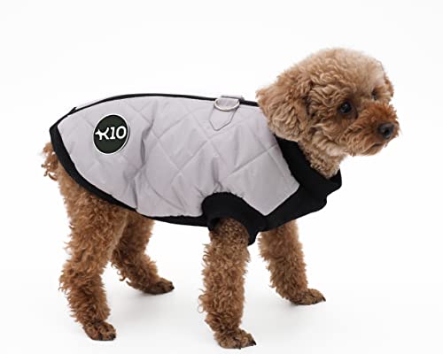 K10 Quiltee Coat - Warm Dog Coat with Leash Attachment - Water Resistant Jacket with Leash Ring - Built in D Ring Harness - Fleece Lined Vest - Lighter Than a Sweater - Small Dogs (XS, Silver Grey)