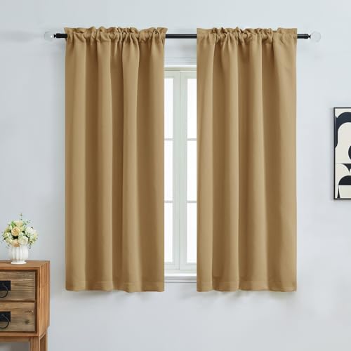 Image of Gold Blackout Curtains for Bedroom 63 Inch Length 2 Panels, Protect Privacy Thermal Insulated Solid Curtains for Bedroom, Dual Rod Pocket Window Treatment Blackout Drapes, 2x40Wx63L Inches